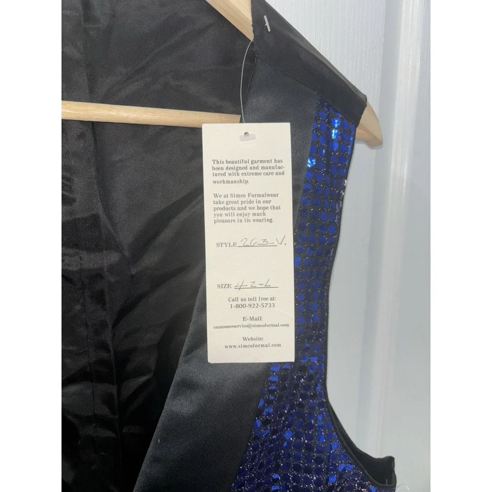 VTG NWT Simco Formalwear 42L Long Royal Blue Sequin Tuxedo Vest Shawl Lapel Prom